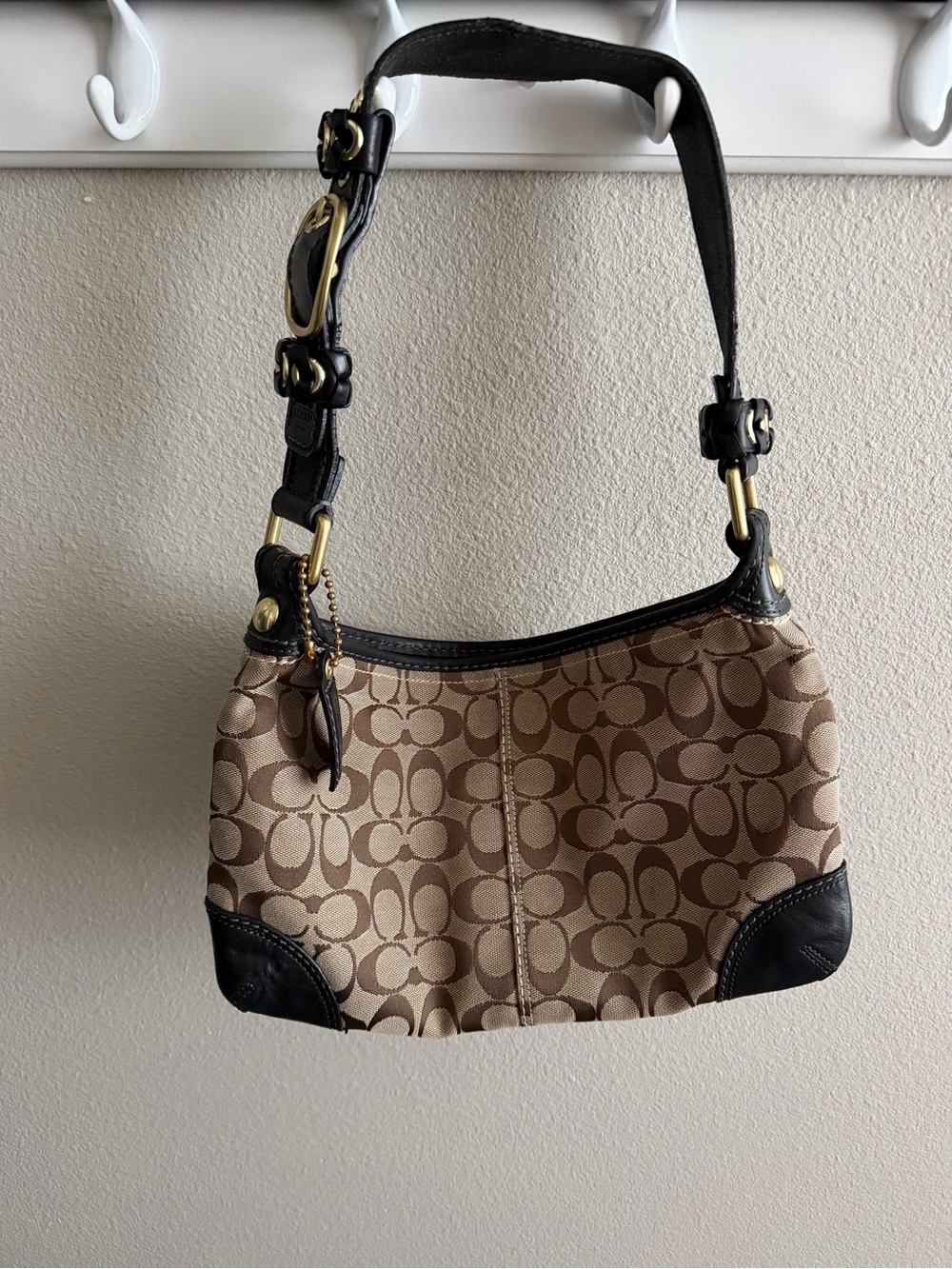 Coach Khaki Signature Canvas Shoulder Bag with Black Trim